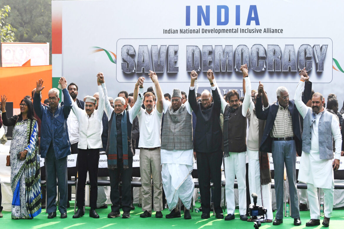 Leaders of INDIA alliance parties protest against the suspension of 146 Opposition MPs from Parliament’s Winter Session